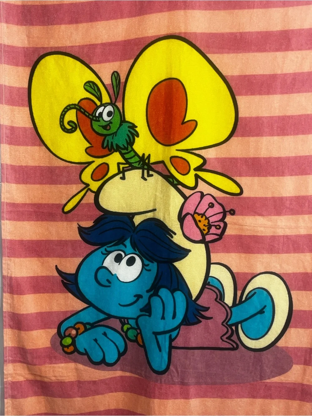 Blue Smurf Character Towel - Pink & Peach Stripes 27”x55”